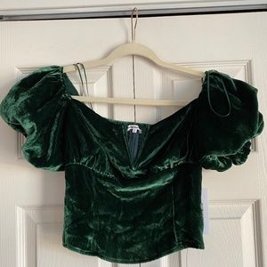 Reformation amina velvet puff sleeve crop top forest green XS